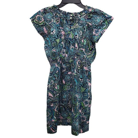Lilly Pulitzer Girl's Teal Multi Tiger Paisley Print Flutter Sleeve Dress Sz 14 - Picture 8 of 8